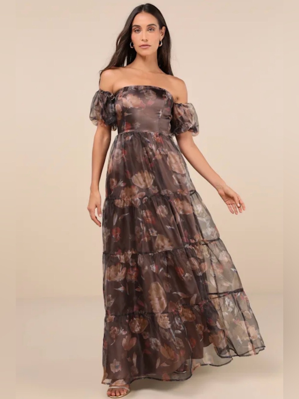 Lulus Exquisite Finesse Brown Floral Organza Maxi Dress with Pockets